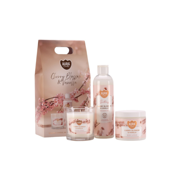 Հավաքածու խնամքի պարագաներ + մոմ "Cherry Blossom & Vanilla"